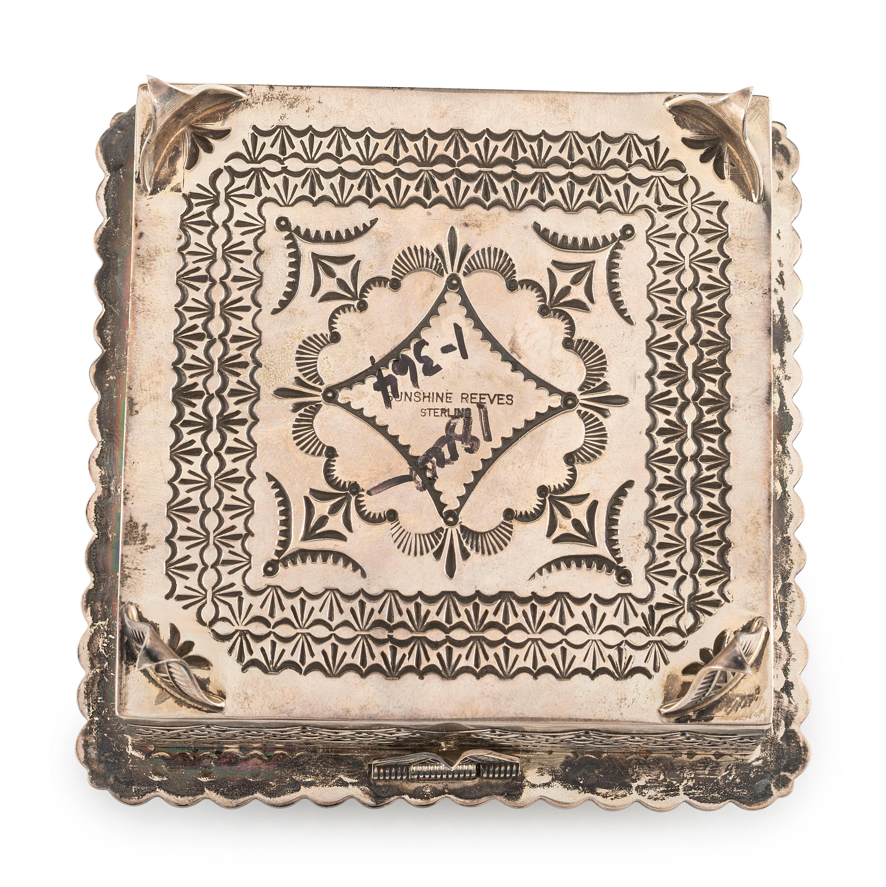 Heavily Stamped Sterling Silver Lidded Box, with Turquoise and Coral Inlay