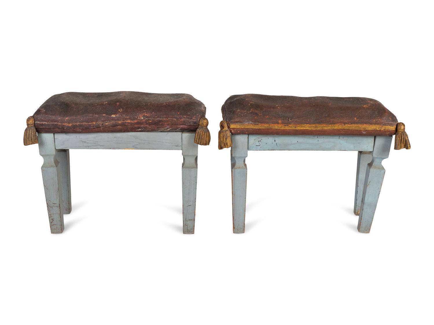 A Pair of Italian Red and Blue Painted Stools