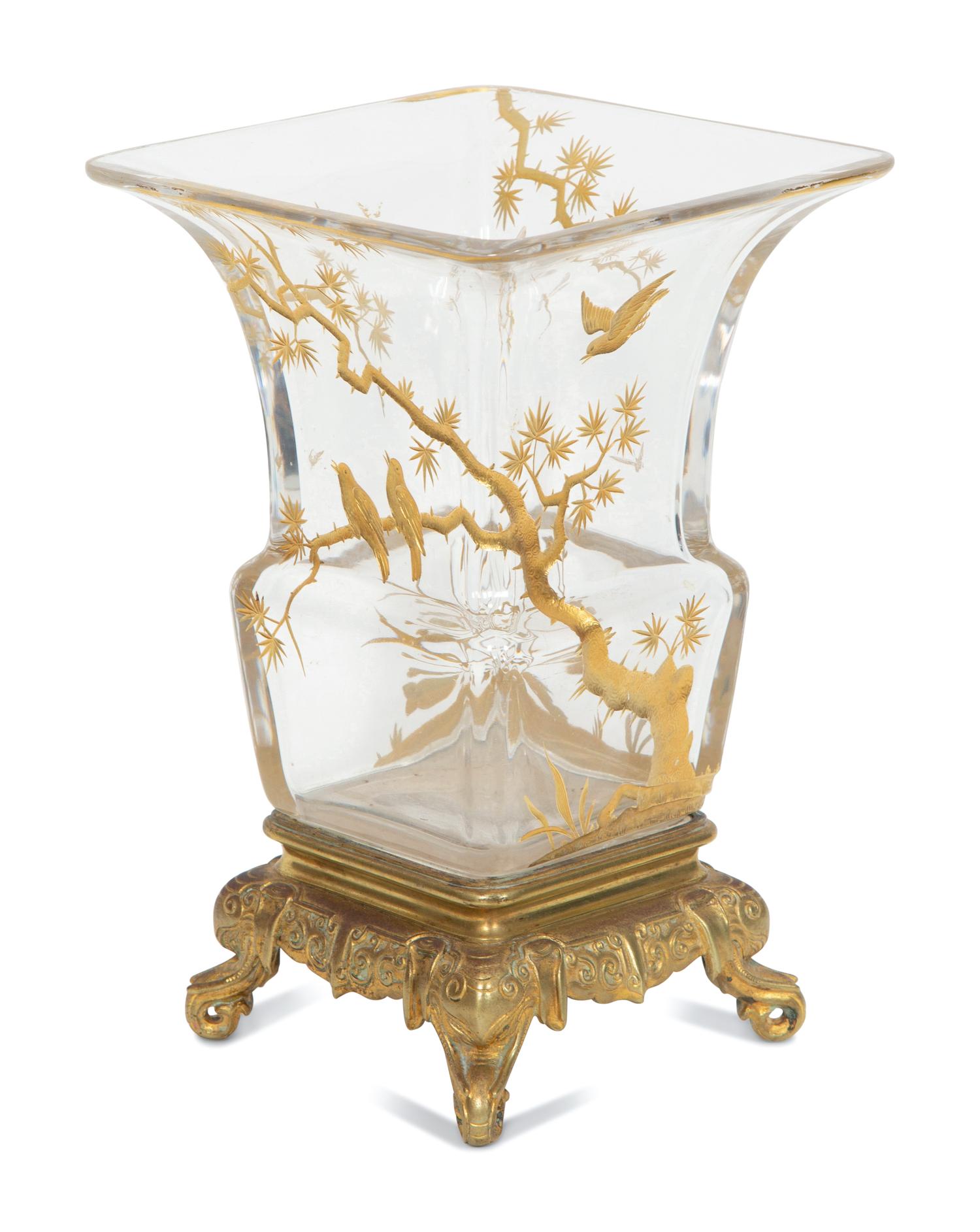 A Gilt Metal Mounted Baccarat Japonisme Glass Vase