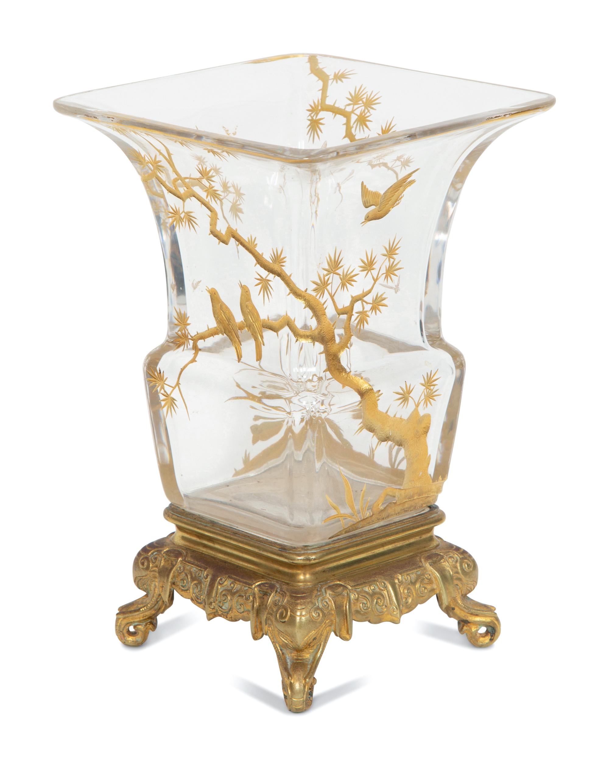 A Gilt Metal Mounted Baccarat Japonisme Glass Vase