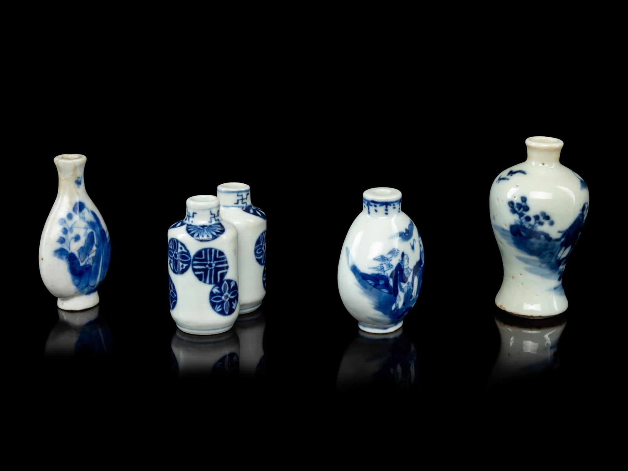 Four Chinese Blue and White Porcelain Snuff Bottles