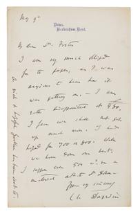 DARWIN, Charles (1809-1882). Autograph letter signed ("Ch. Darwin"), to Dr. [Michael] Foster. Kent, England, 9 May [1874].