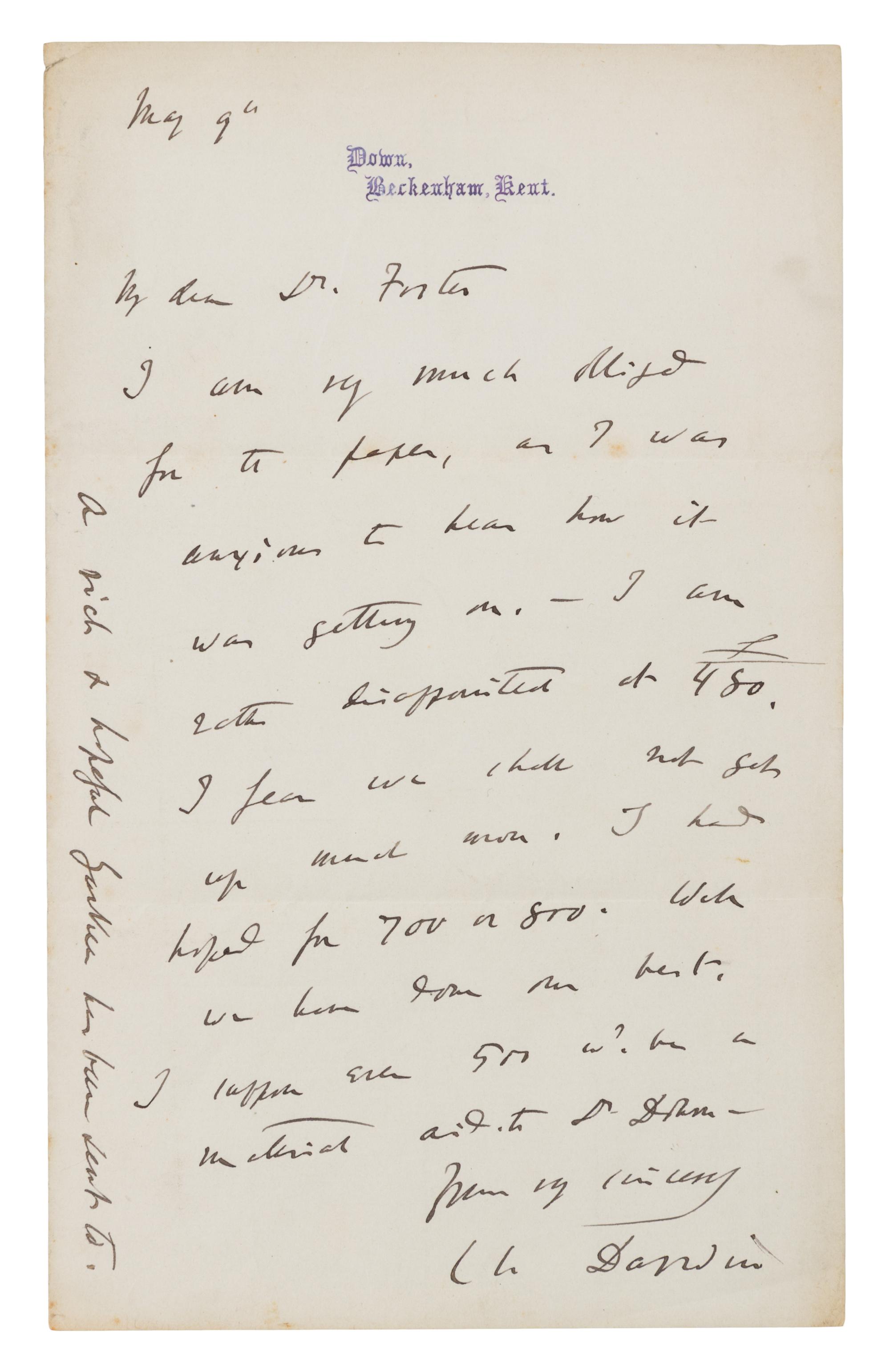 DARWIN, Charles (1809-1882). Autograph letter signed ("Ch. Darwin"), to Dr. [Michael] Foster. Kent, England, 9 May [1874].