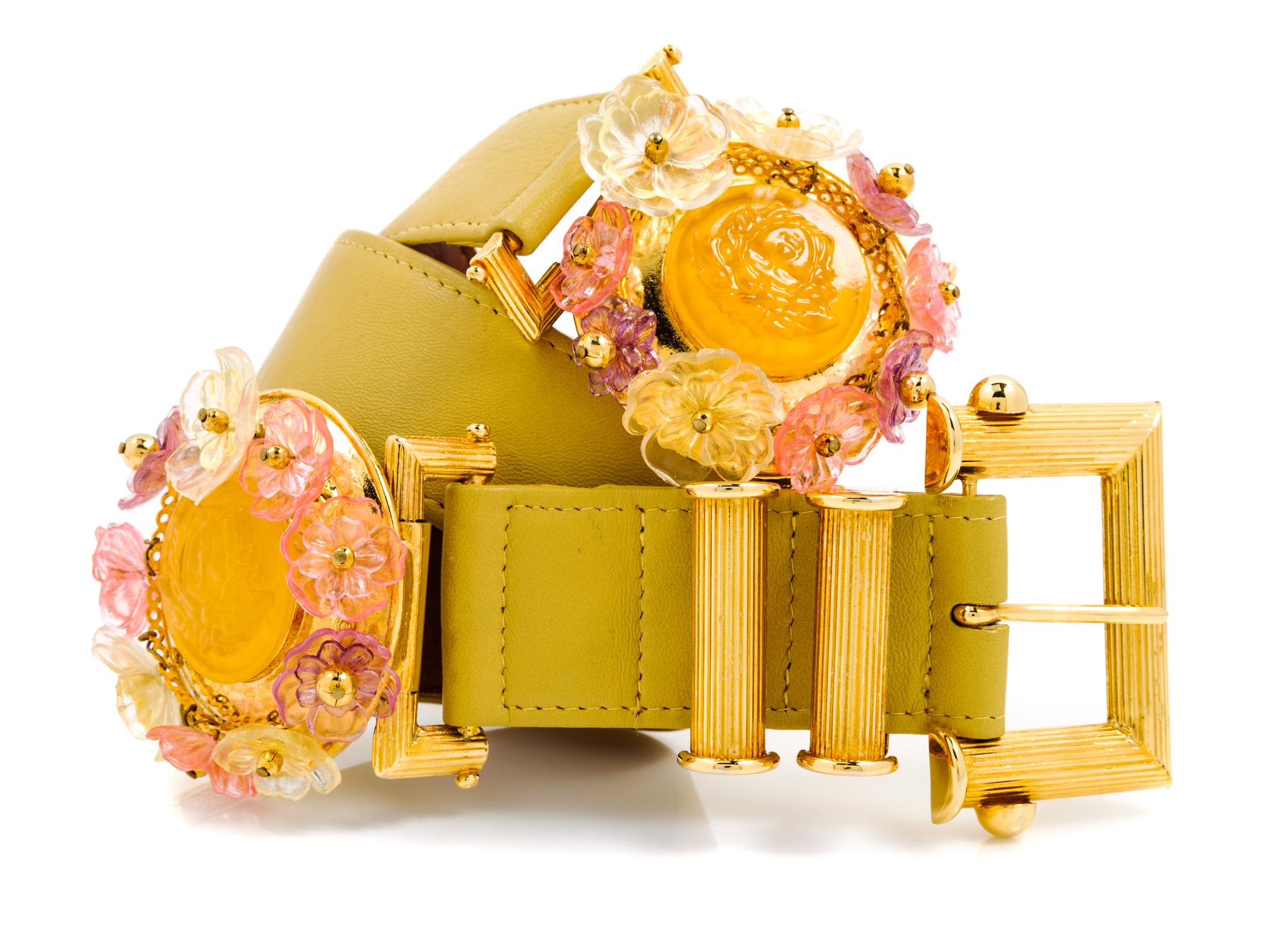 A Gianni Versace Yellow Leather Floral Medusa Medallion Belt, 28.5-30.5" x 3".