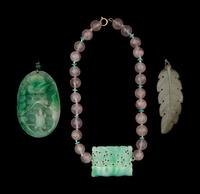 Three Chinese Jade Nephrite and Rose Quartz Jewelries