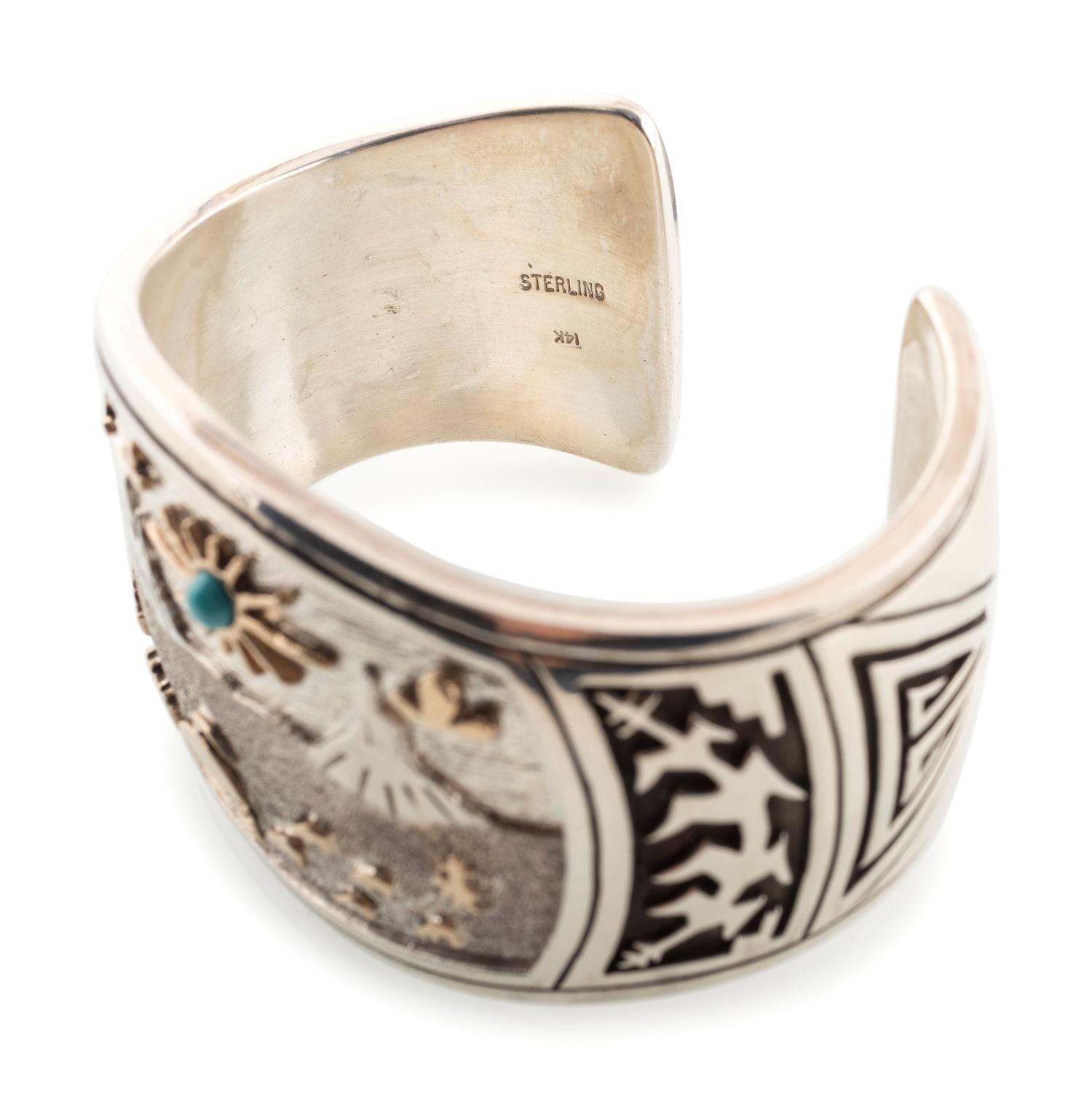 Sterling Silver Cuff Bracelet, with Hogan Scene Accented in 14K Gold and Set with Turquoise