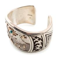 Sterling Silver Cuff Bracelet, with Hogan Scene Accented in 14K Gold and Set with Turquoise