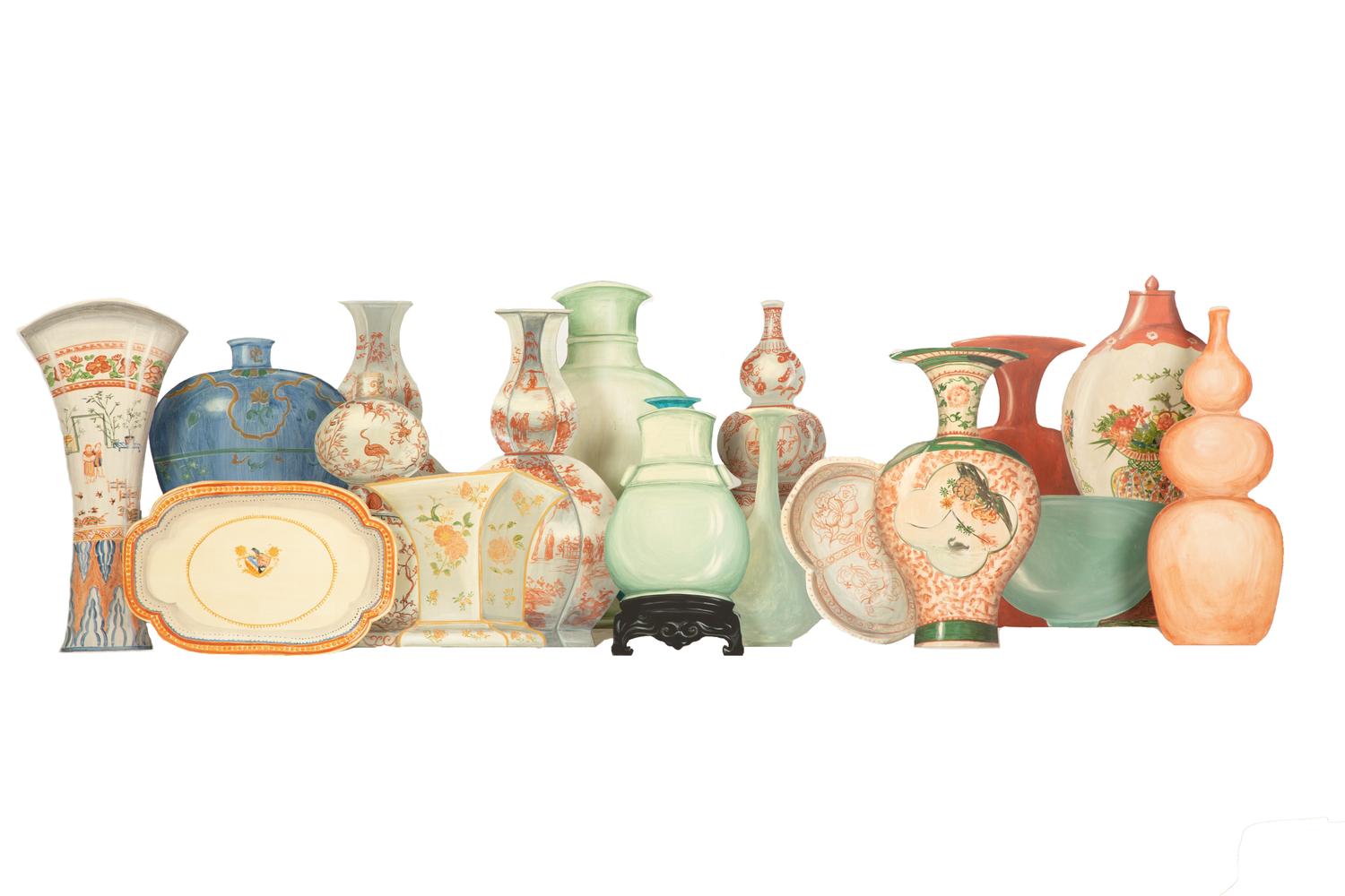 Ten Painted Wood Silhouettes of Chinese Porcelain Vases and Table Articles
