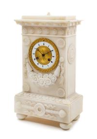 A Charles X Carved Alabaster Mantel Clock Height 13 3/4 x width 7 3/4 x depth 4 1/2 inches. — CIRCA 1830