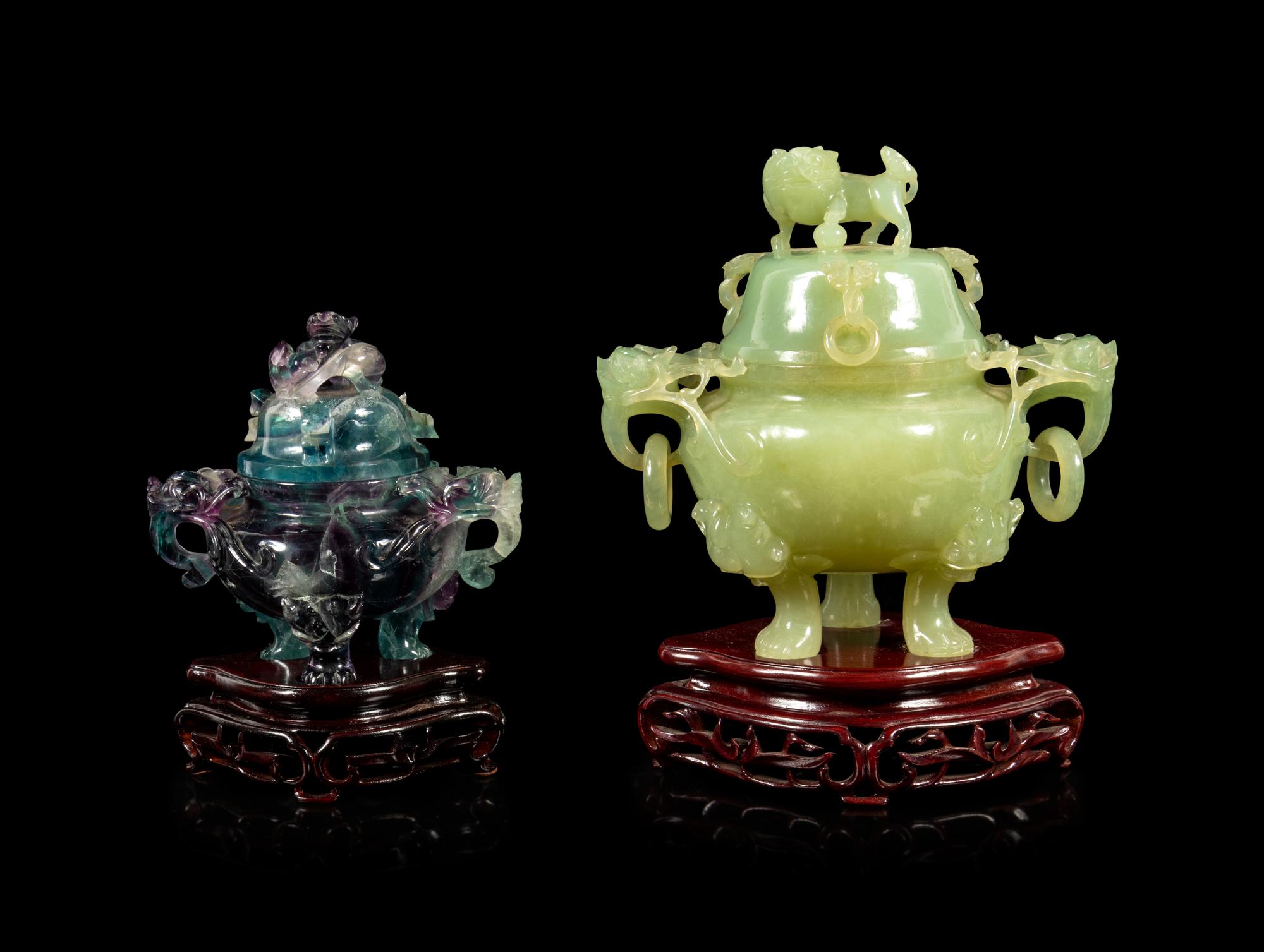 Two Chinese Hardstone Carved Incense Burners and Covers