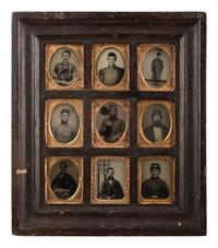 [CIVIL WAR]. Wall frame containing 9 ninth plate ambrotypes and tintypes of occupational subjects and soldiers, incl. infantryman from the New Hampshire Volunteers.