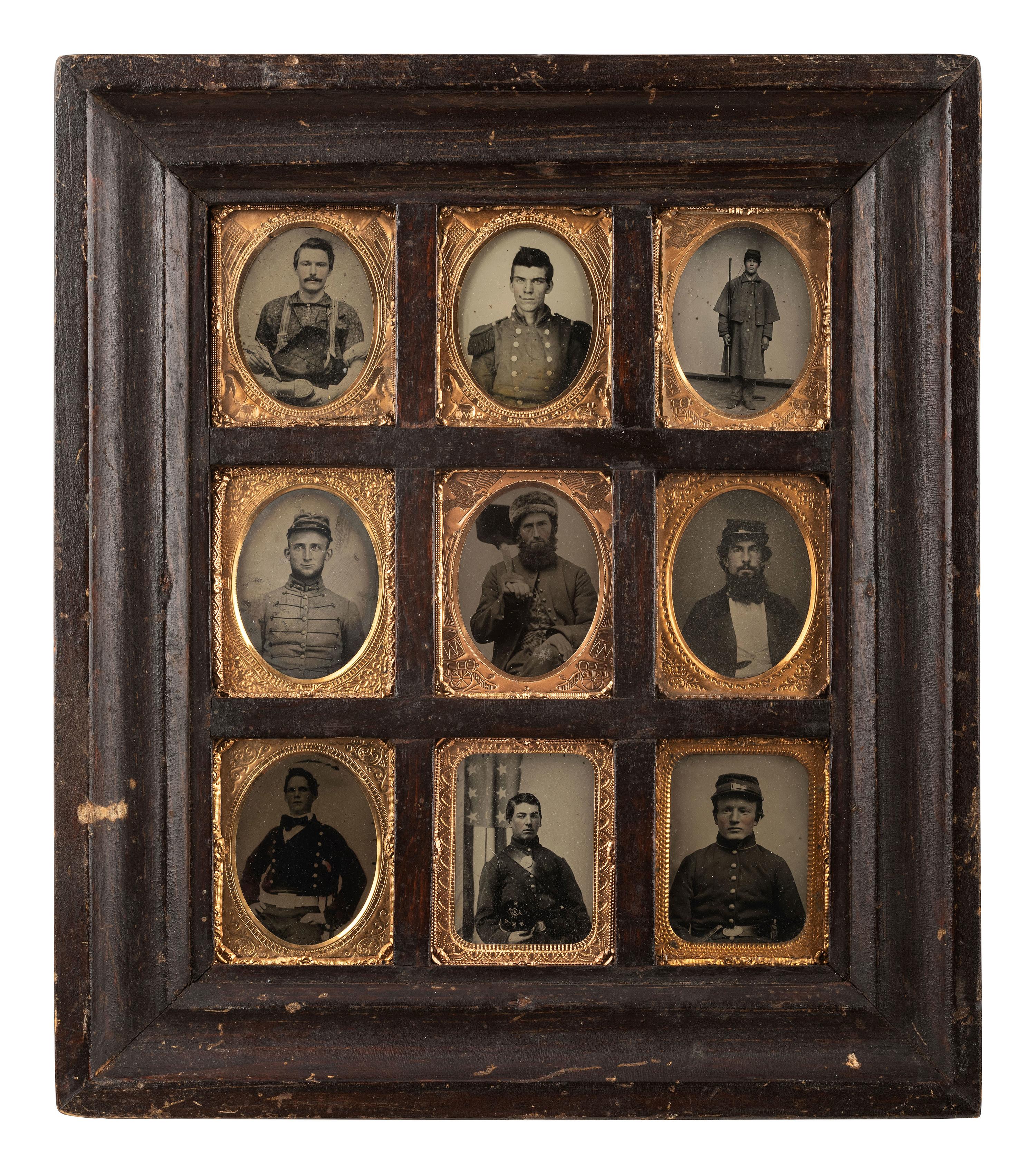 [CIVIL WAR]. Wall frame containing 9 ninth plate ambrotypes and tintypes of occupational subjects and soldiers, incl. infantryman from the New Hampshire Volunteers.