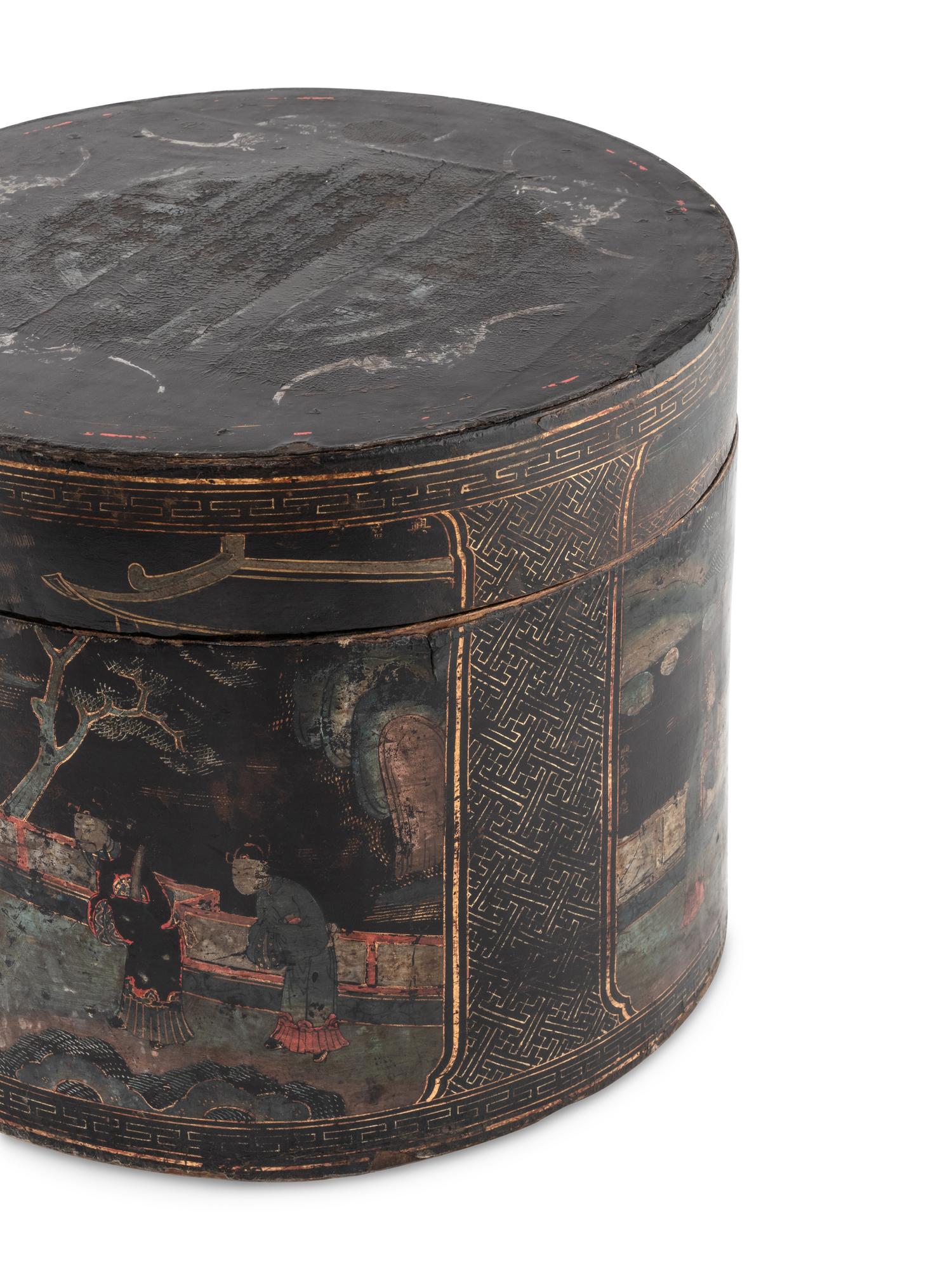 A Pair of Chinese Export Black Lacquer Circular Boxes