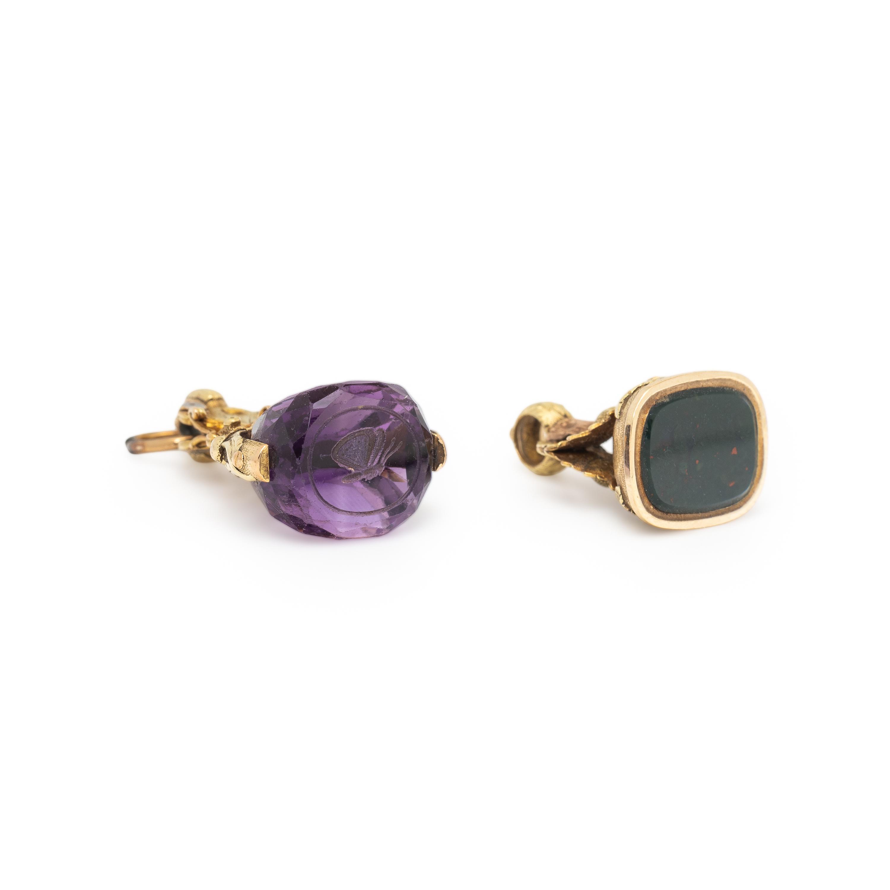 Tricolor Gold and Amethyst Seal and Bicolor Gold and Bloodstone Watch Fob