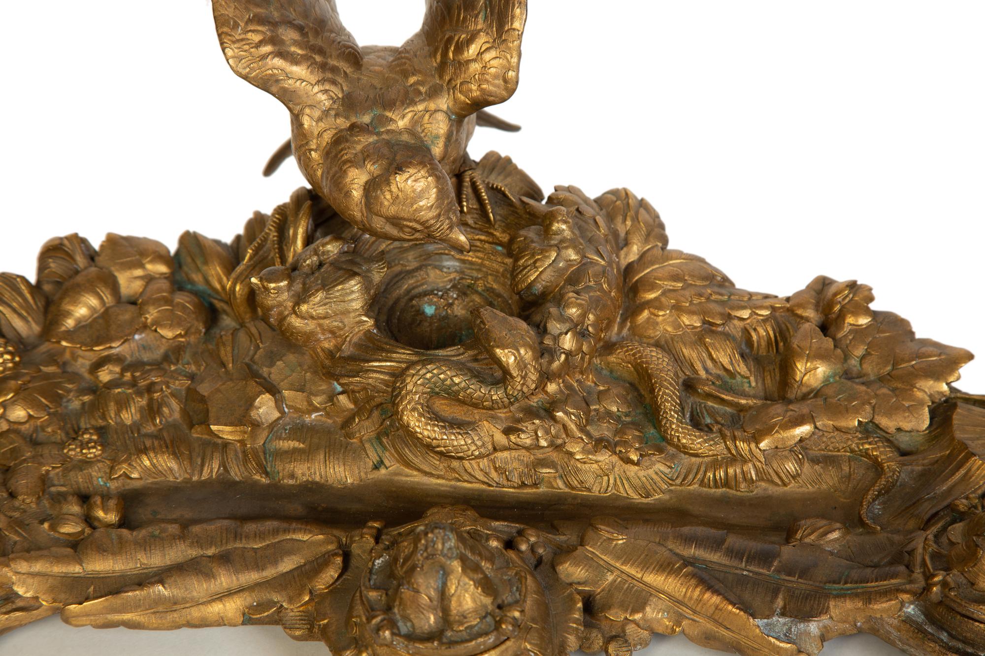 A Continental Gilt Bronze Inkwell with Bird and Nest in the Manner of Pautrot — 19th Century