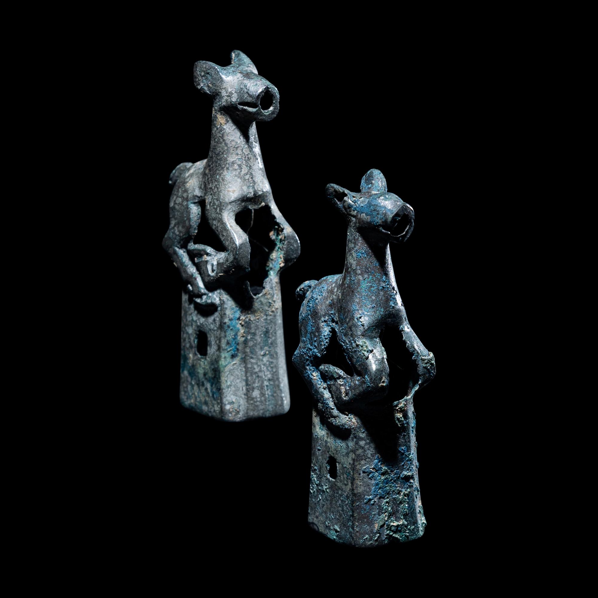 Two Eurasian Tinned Bronze Finials with Frolicking Does