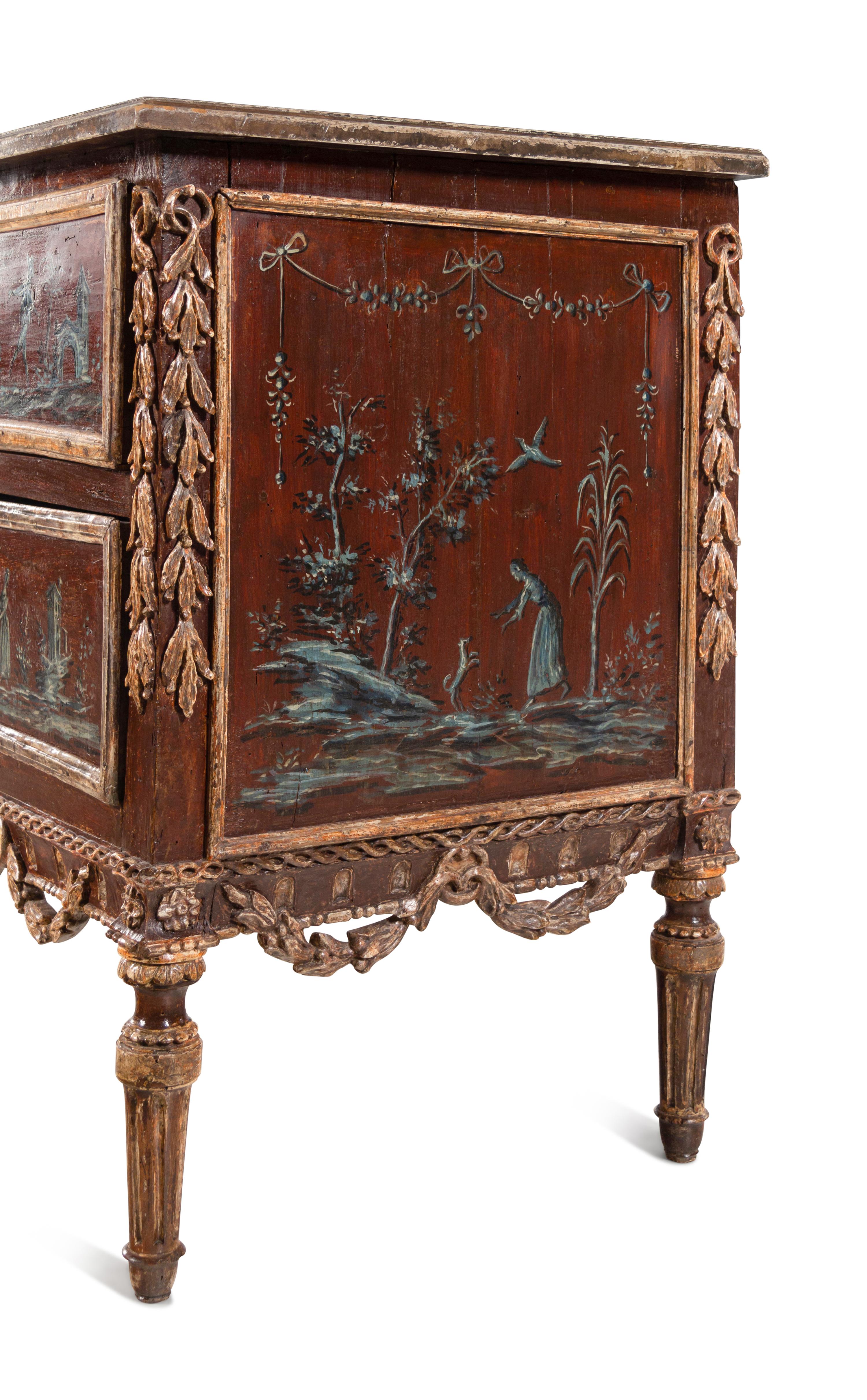 A Piedmontese Painted and Parcel Gilt Commode