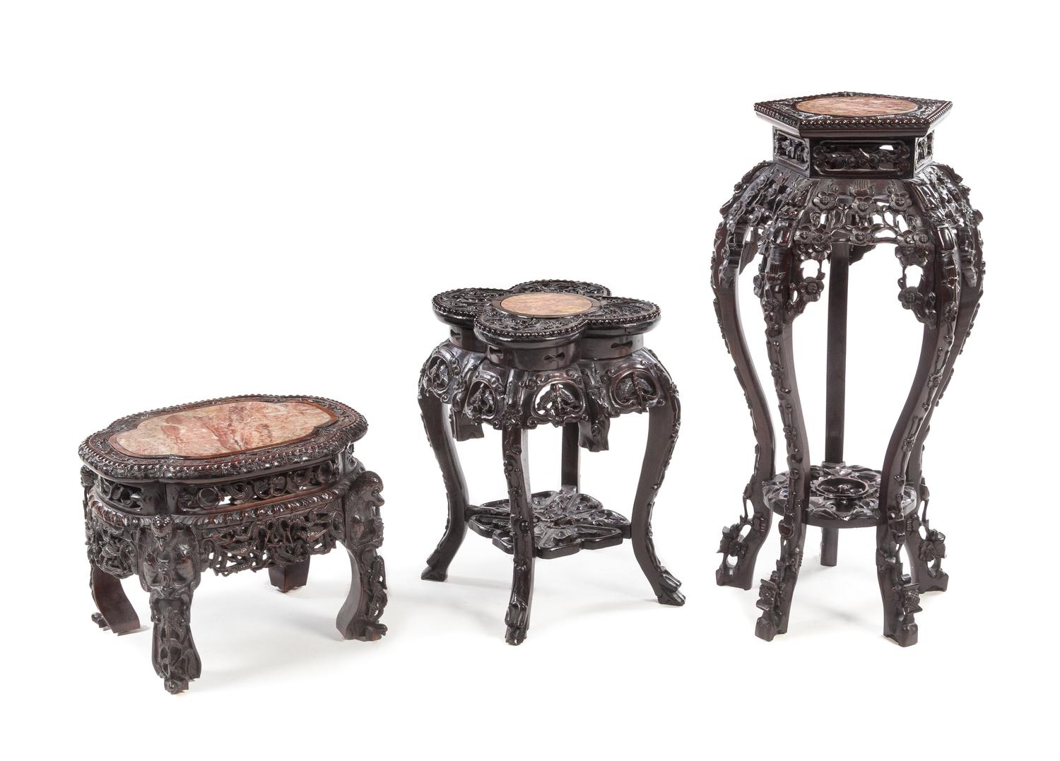 Three Chinese Marble Inset Hardwood Stands Height of tallest 32 inches. — 20TH CENTURY