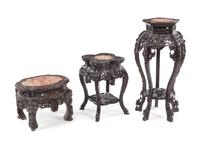 Three Chinese Marble Inset Hardwood Stands Height of tallest 32 inches. — 20TH CENTURY