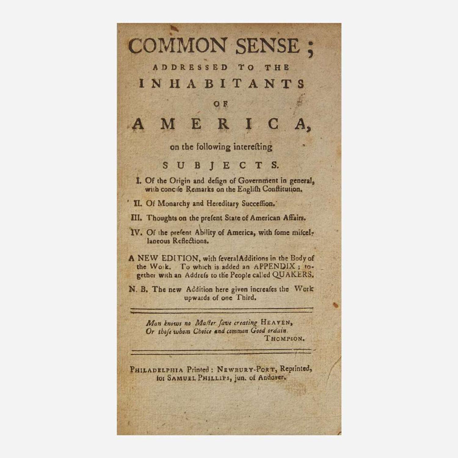 [American Revolution] (Paine, Thomas) Common Sense; Addressed to the Inhabitants of America...