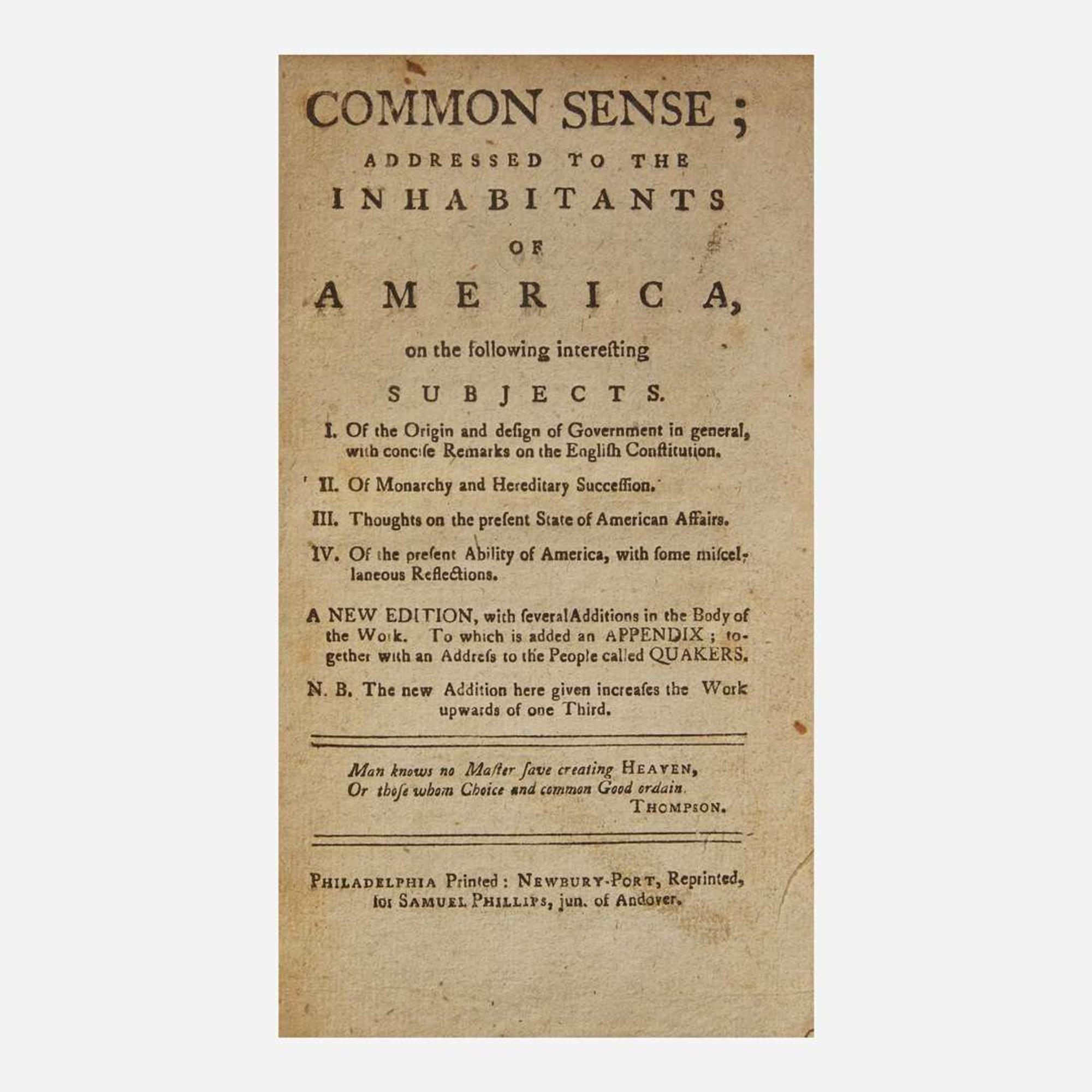 [American Revolution] (Paine, Thomas) Common Sense; Addressed to the Inhabitants of America...