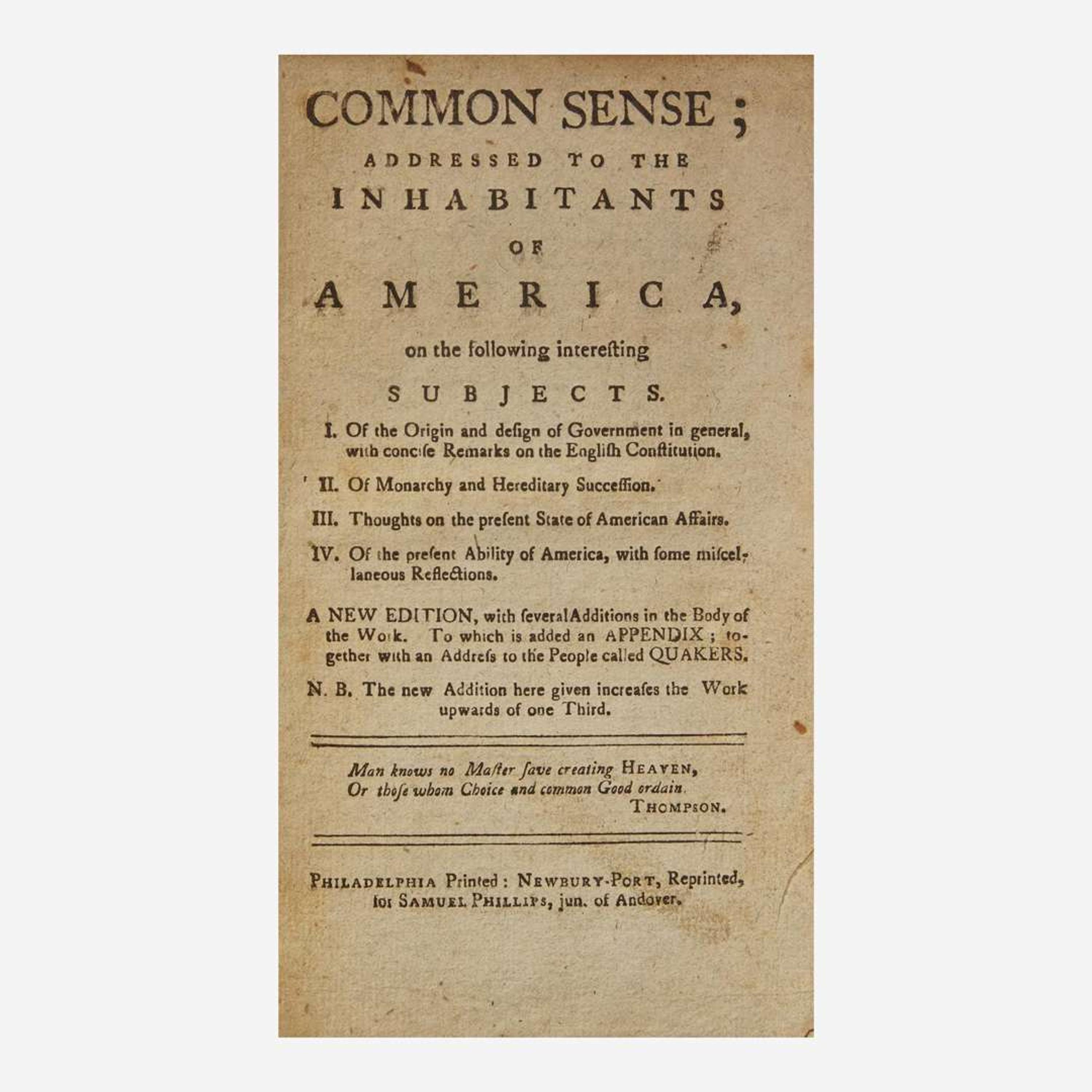 [American Revolution] (Paine, Thomas) Common Sense; Addressed to the Inhabitants of America...