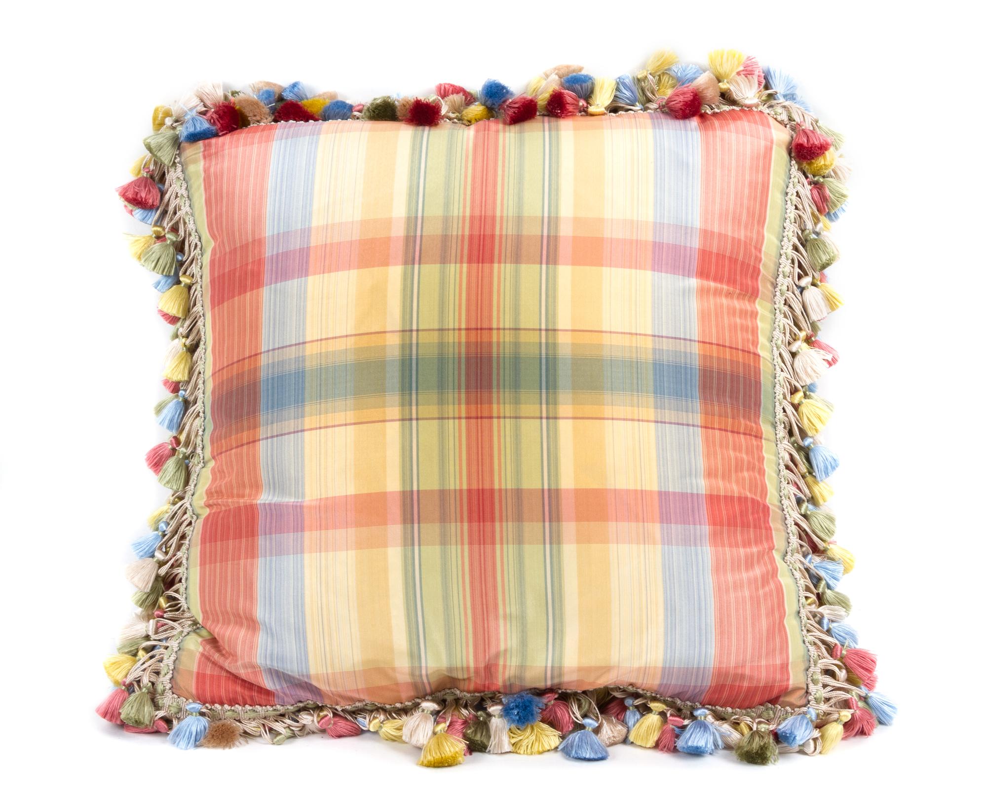 A Silk Upholstered Pillow Height 16 x width 16 inches.