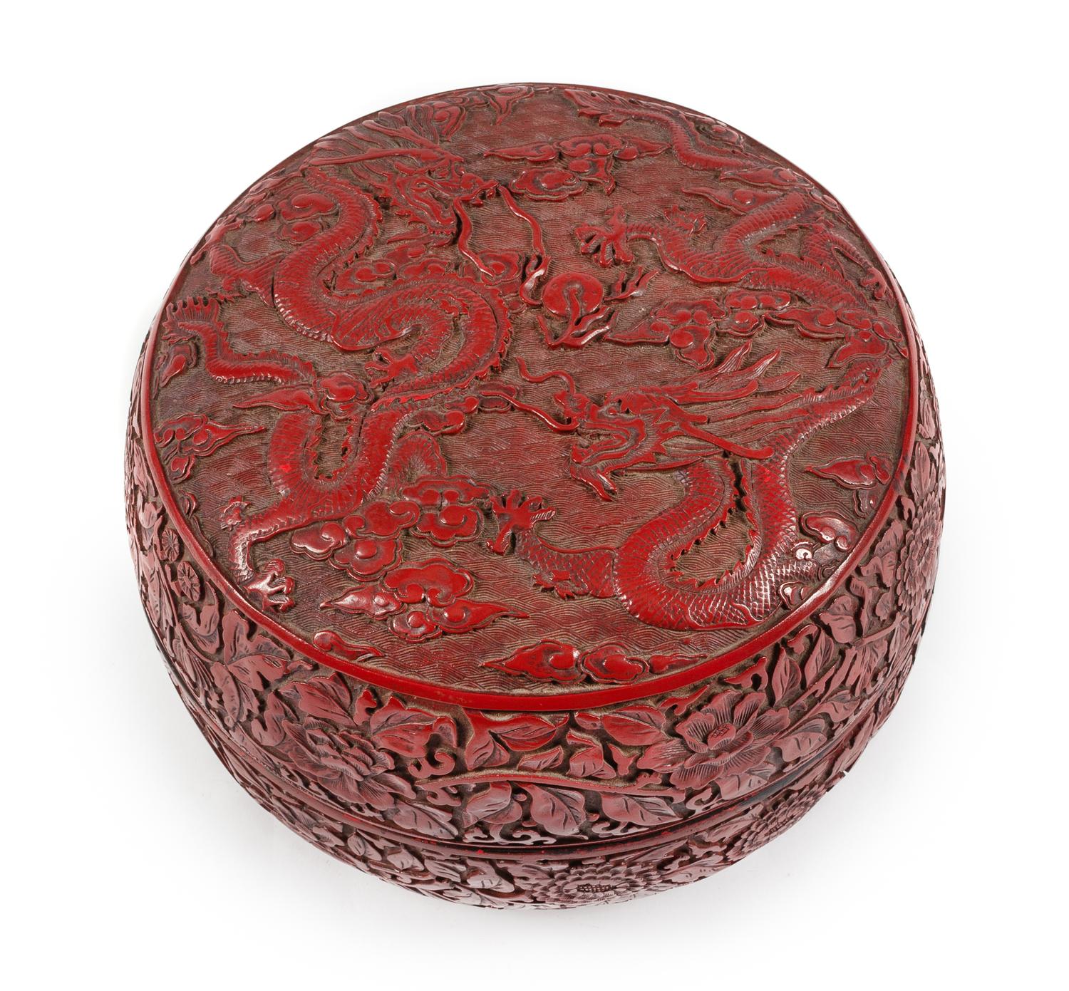 A Large Chinese Cinnabar Lacquer Box Height 8 x diameter 10 inches.