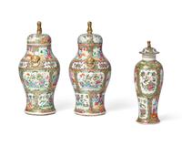 Three Chinese Export Porcelain Rose Medallion Covered Vases