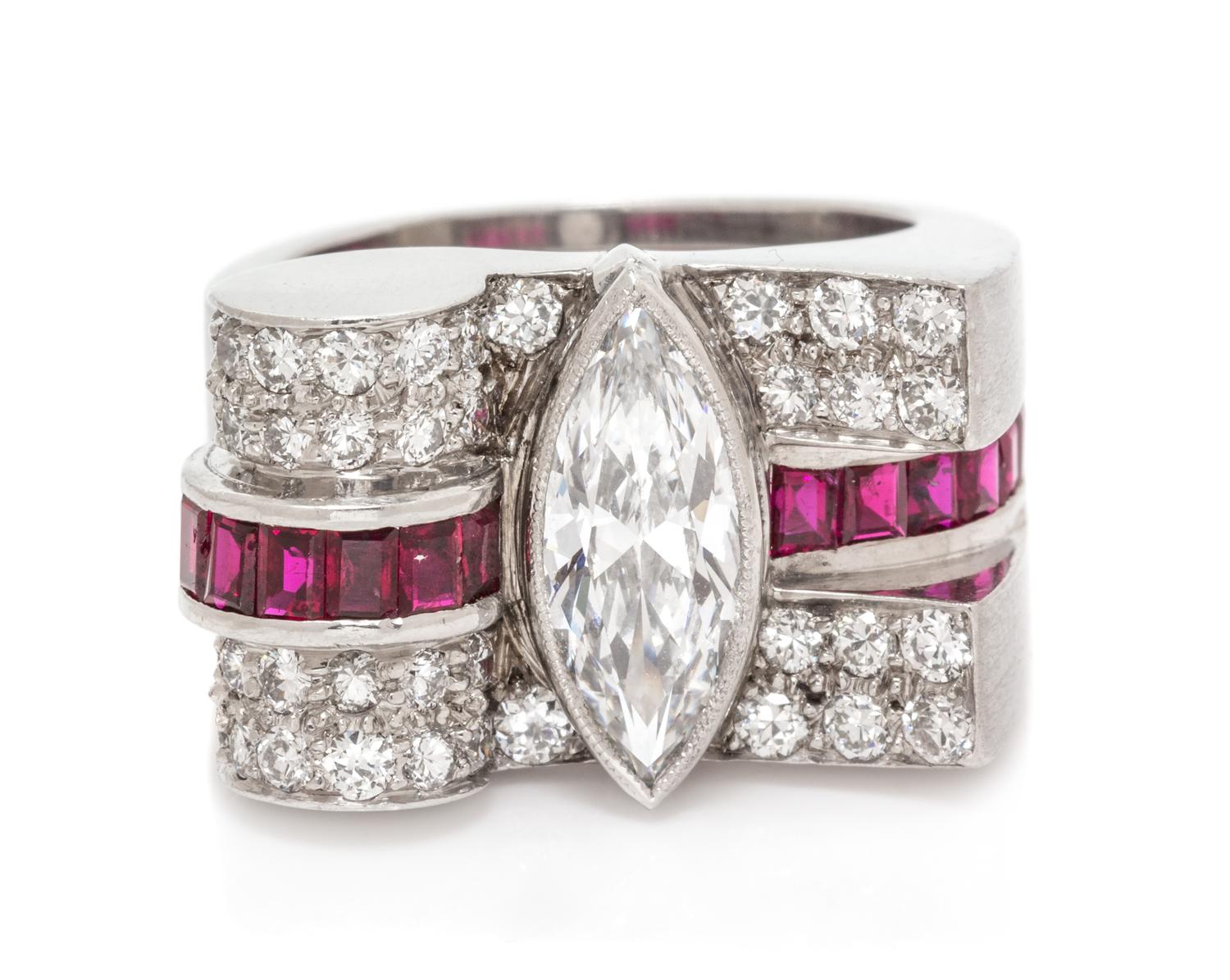 A Retro Platinum, Diamond and Ruby Ring, 10.50 dwts.