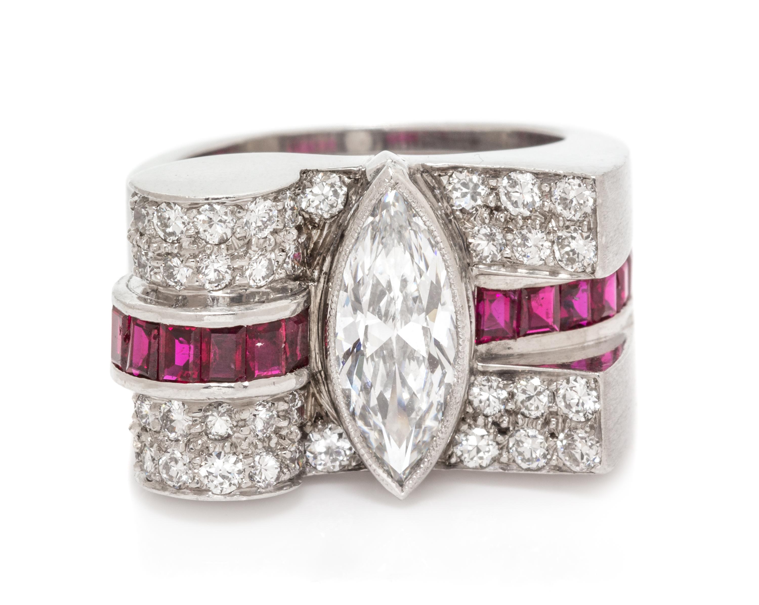 A Retro Platinum, Diamond and Ruby Ring, 10.50 dwts.