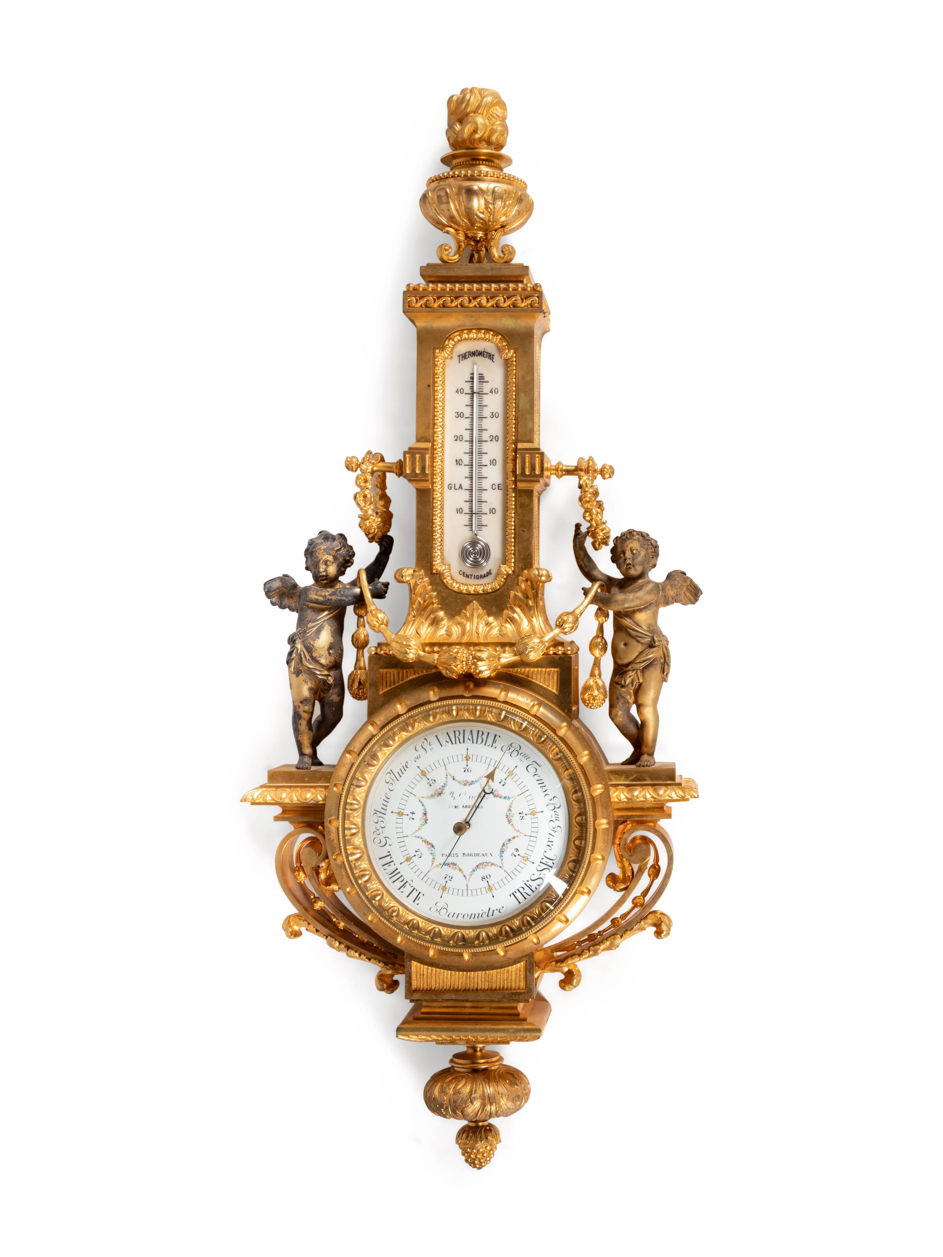A Louis XVI Style Gilt Bronze Barometer and Thermometer