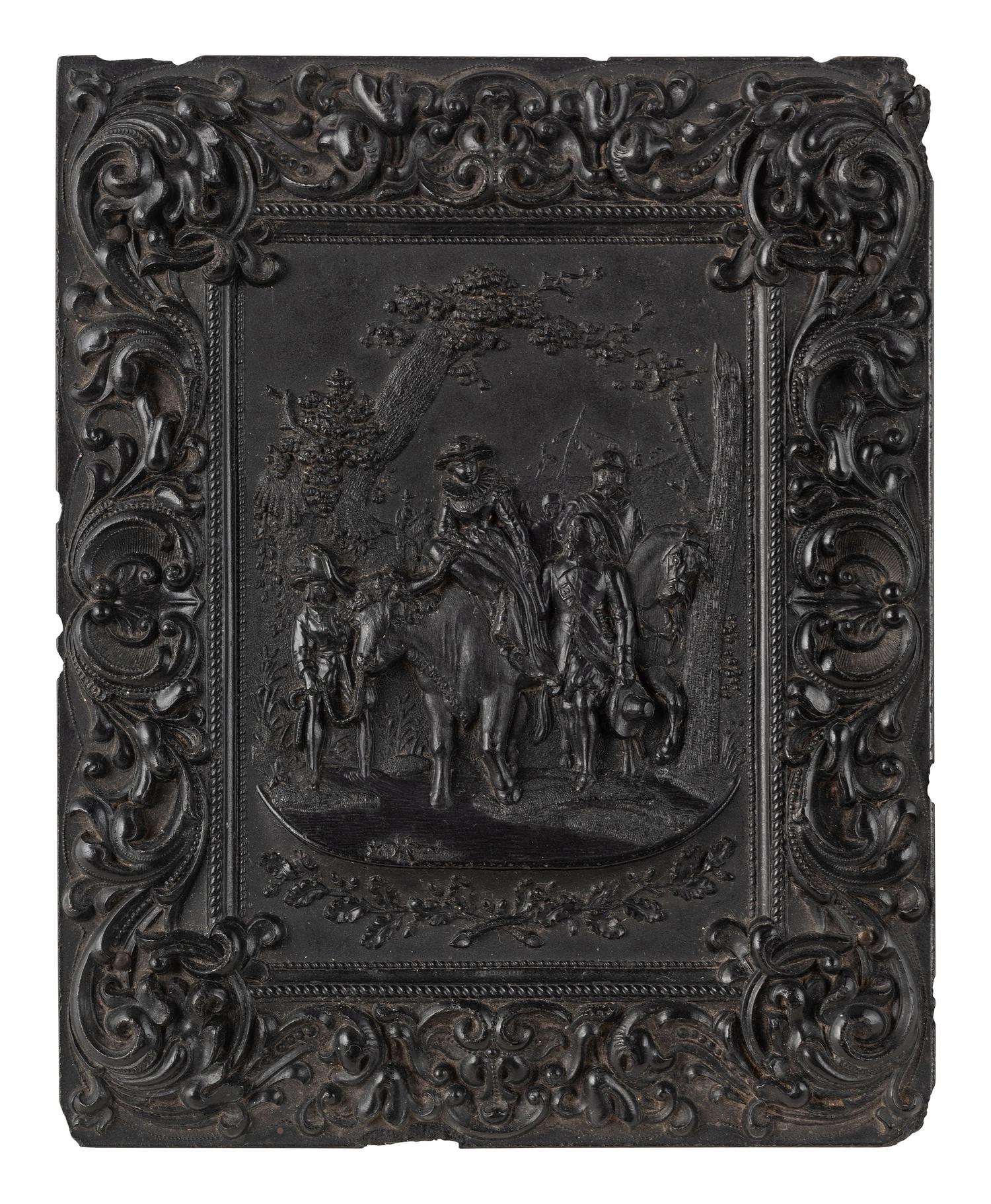 [EARLY PHOTOGRAPHY]. 3 half plate figural Union cases, one containing tintype of a wedding couple.