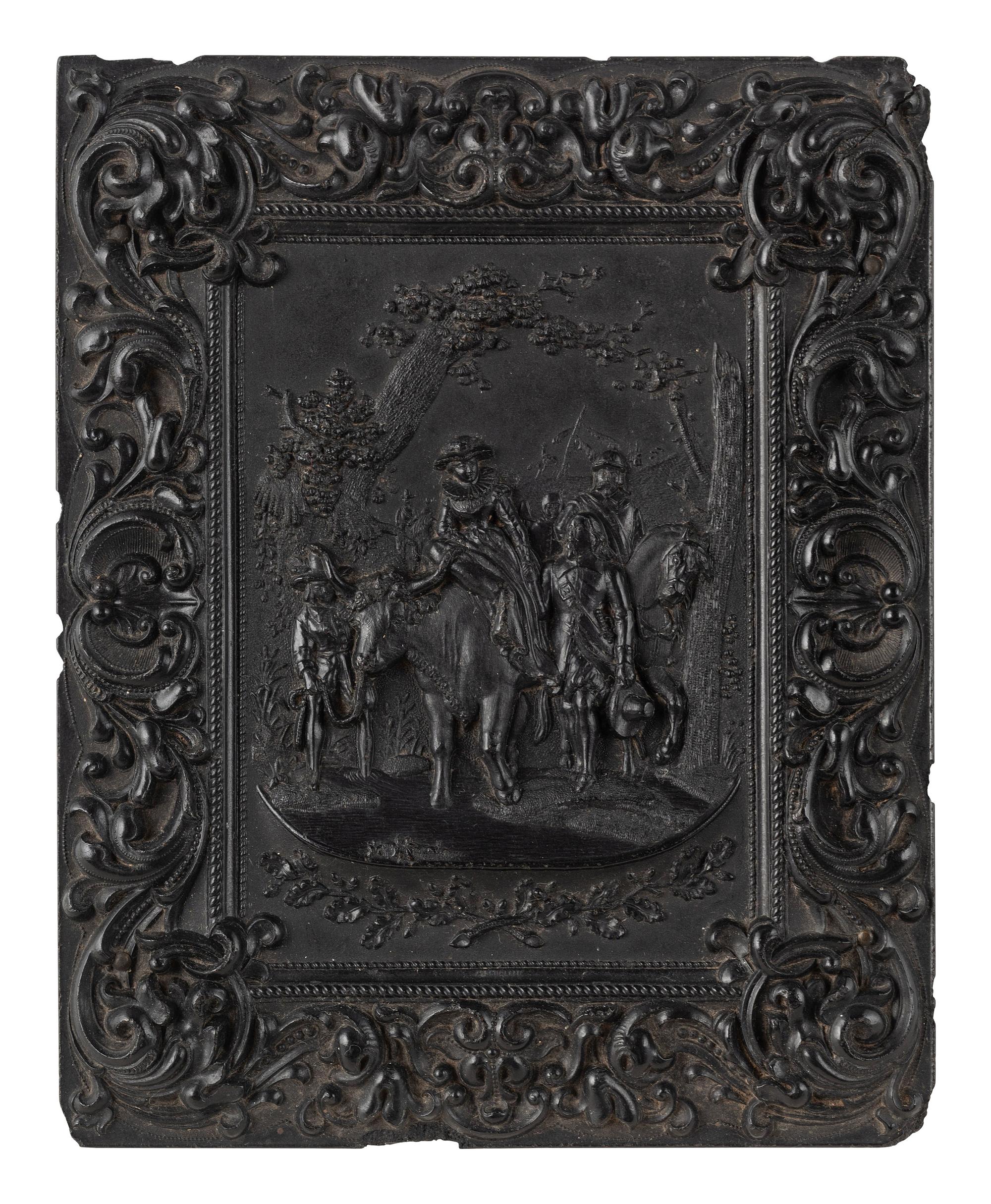 [EARLY PHOTOGRAPHY]. 3 half plate figural Union cases, one containing tintype of a wedding couple.