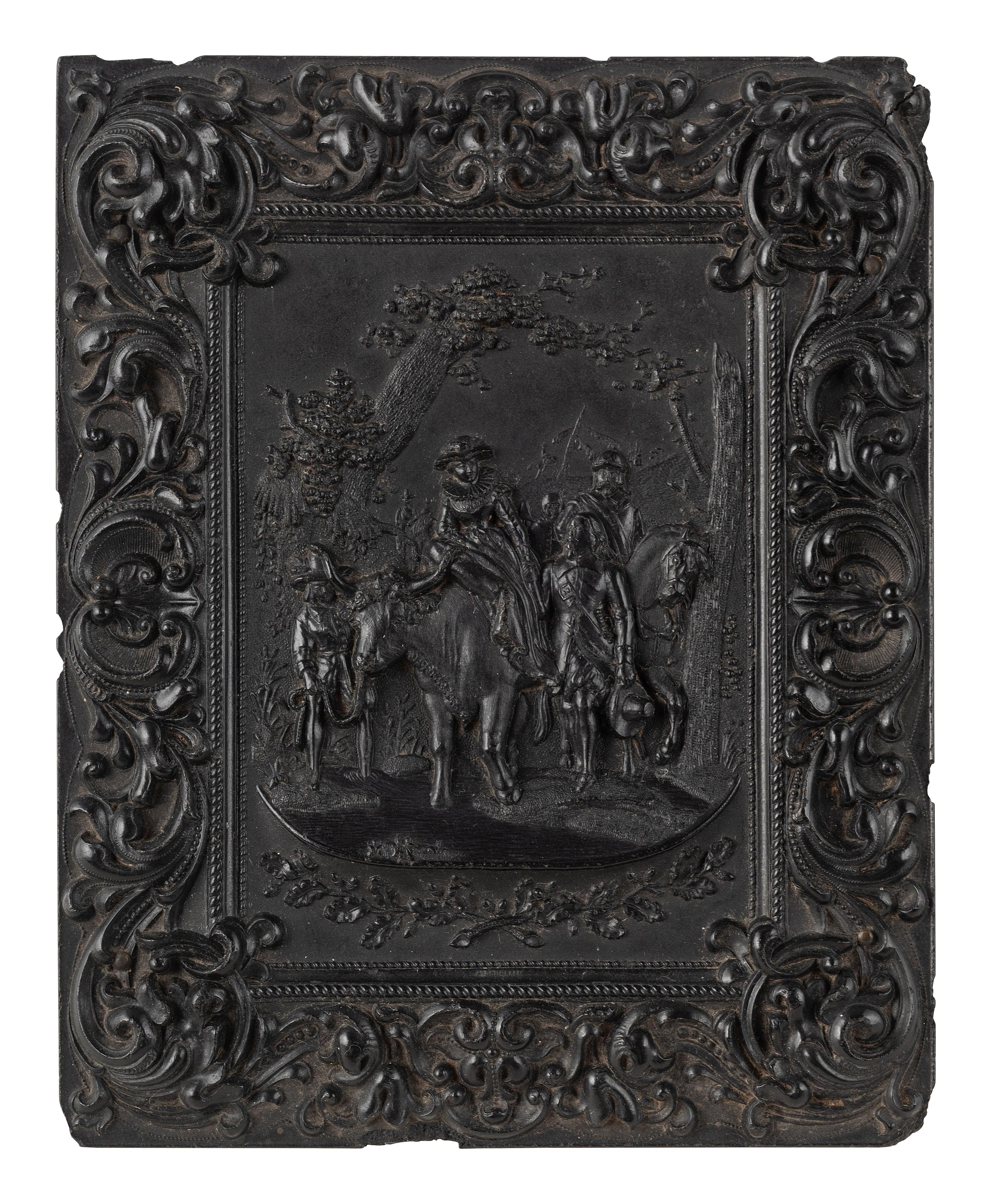 [EARLY PHOTOGRAPHY]. 3 half plate figural Union cases, one containing tintype of a wedding couple.