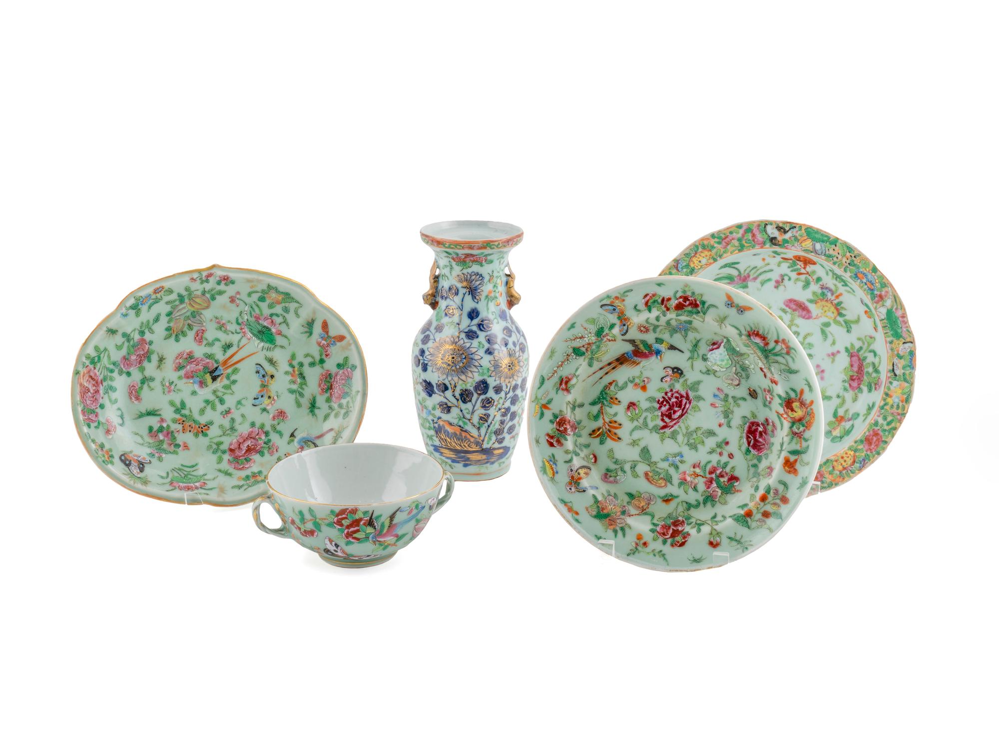 Five Chinese Famille Rose Celadon Porcelain Articles — 19TH CENTURY