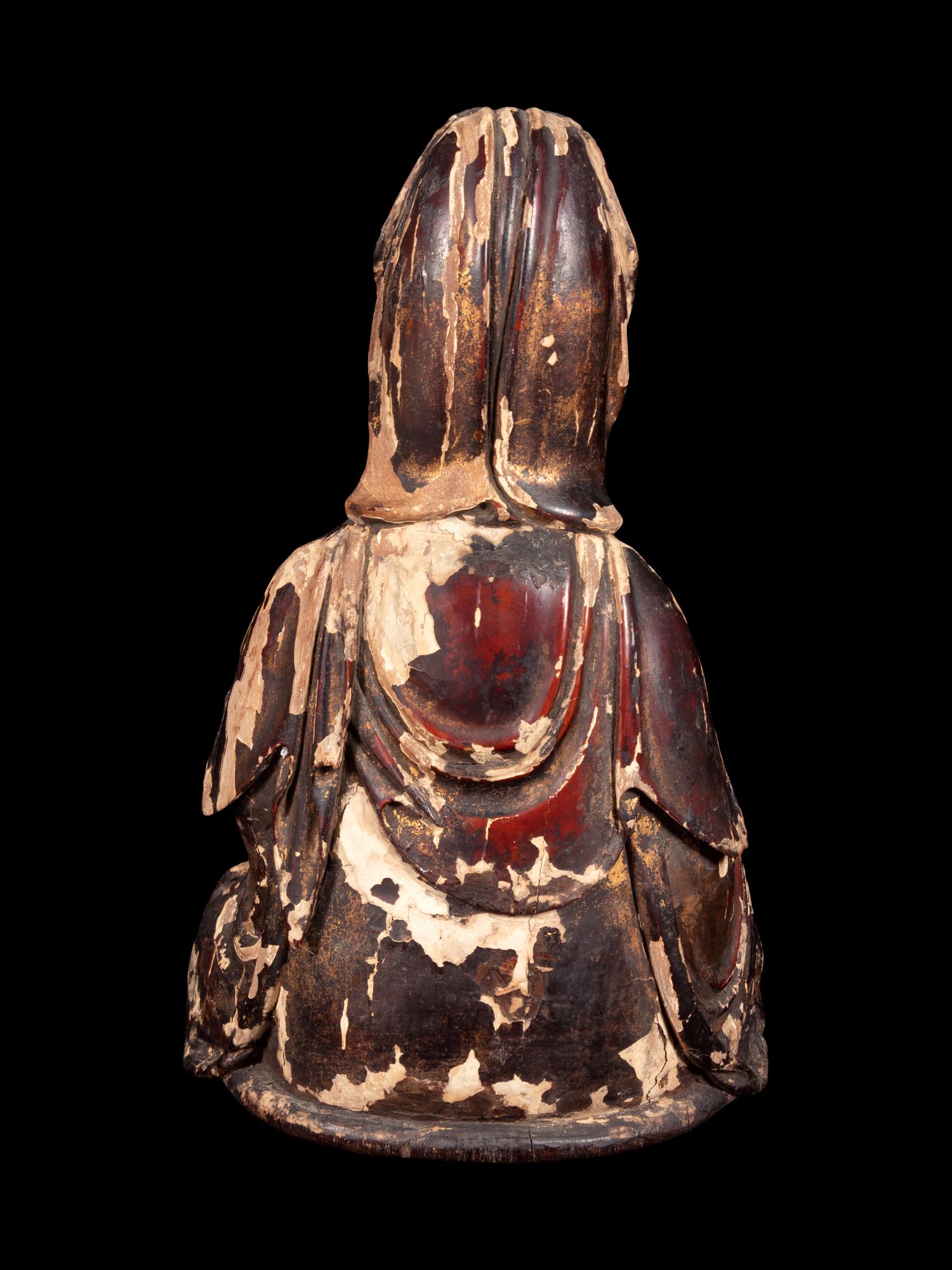 A Gilt Decorated Dark Brown Lacquered Wood Figure of Guanyin and Child