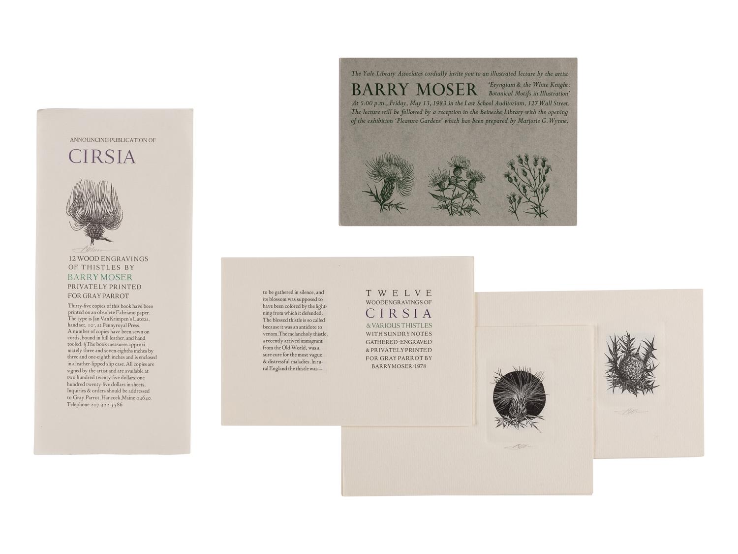 MOSER, Barry. Twelve Woodengravings of Cirsia & Various Thistles with sundry notes gathered, engraved & privately printed for Gray Parrot by Barry Moser. West Hatfield, MA: Privately Printed at the Pennyroyal Press for Gray Parrot, 1978.