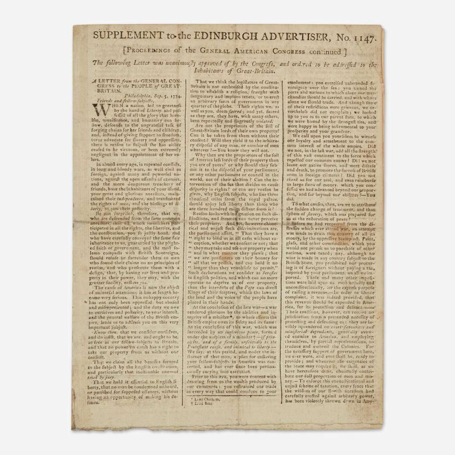 [Americana] [First Continental Congress] (Jay, John, and John Dickinson) Supplement to the Edinburgh Advertiser