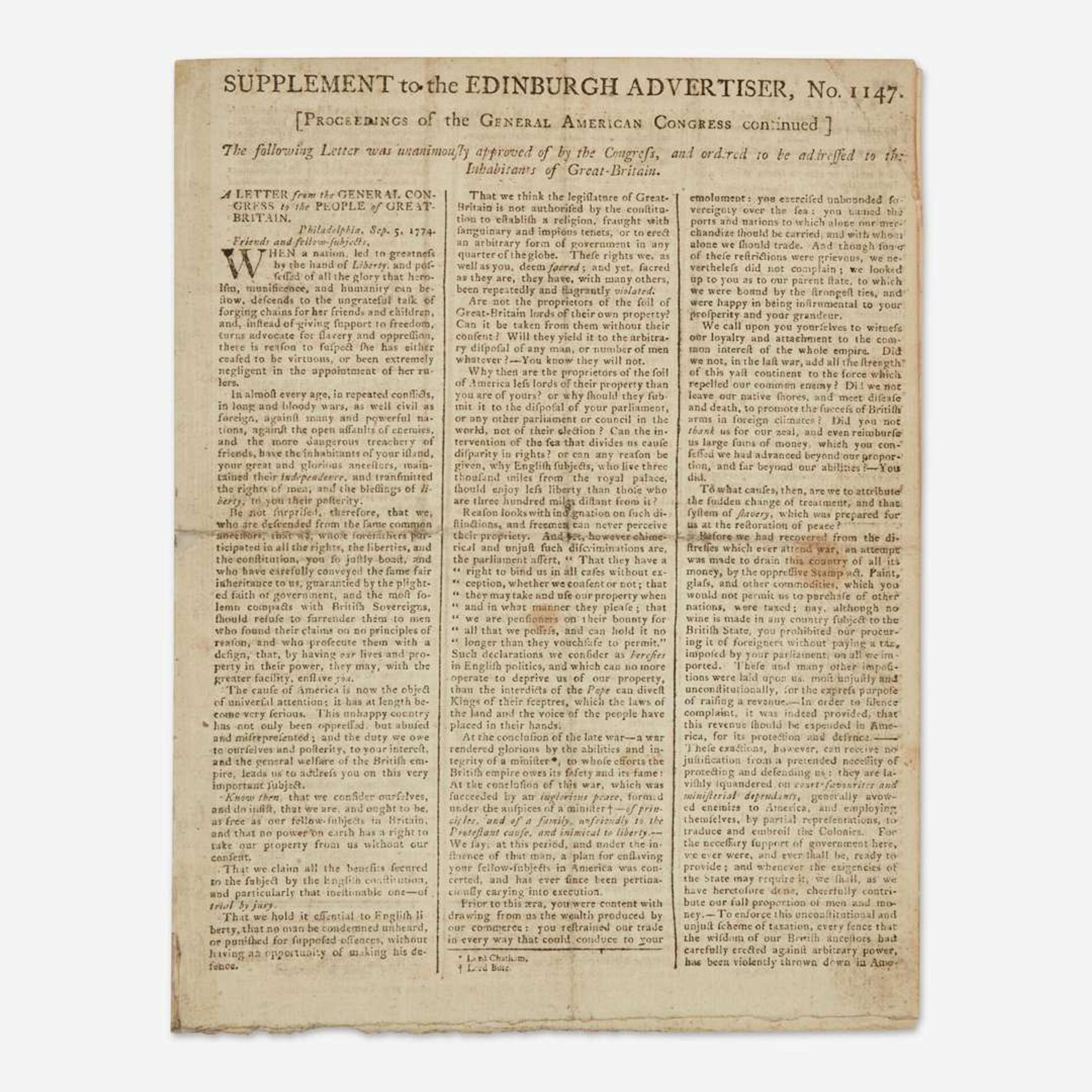 [Americana] [First Continental Congress] (Jay, John, and John Dickinson) Supplement to the Edinburgh Advertiser