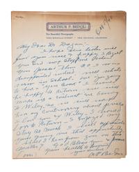 [EARLY PHOTOGRAPHY]. BEDOU, Arthur P. (1882-1966). Autograph letter twice signed ("A.P. Bedou"), Matthew DOGAN (1863-1947), as President of HBCU Wiley College. New Orleans, 15 October 1940.