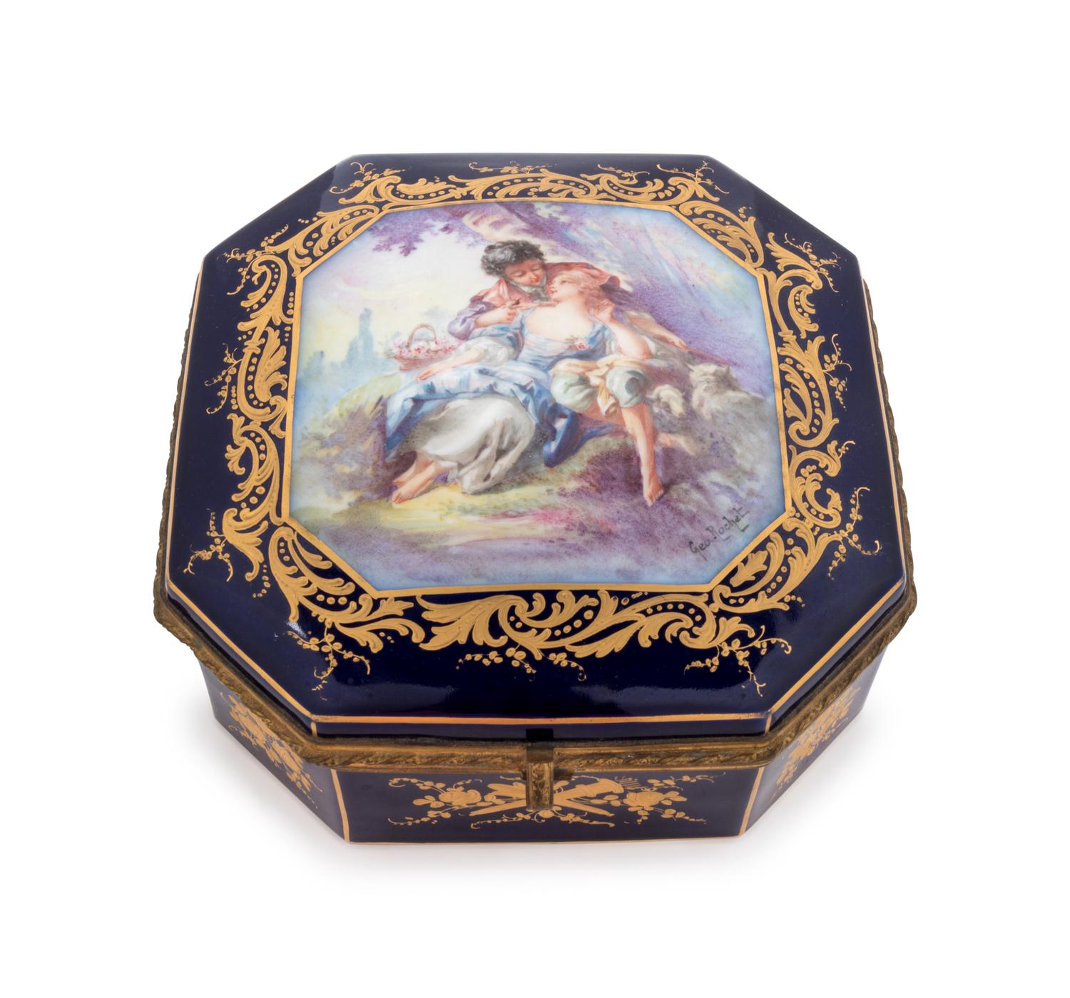 A Sèvres Style Painted and Parcel Gilt Porcelain Table Casket