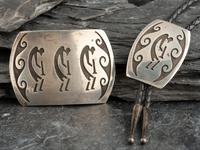 Sterling Silver Overlay Kokopeli Belt Buckle and Bolo Tie, Matching Set