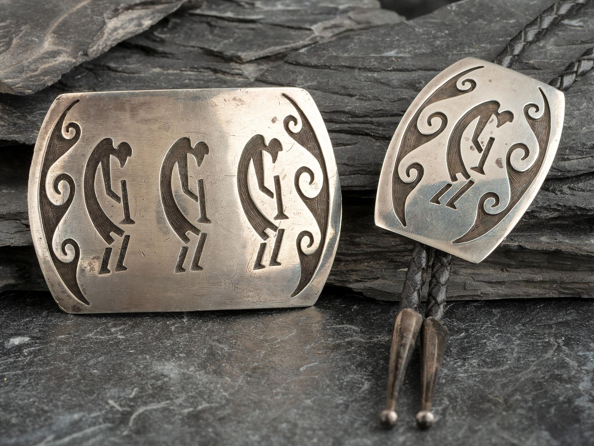Sterling Silver Overlay Kokopeli Belt Buckle and Bolo Tie, Matching Set