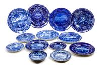 A Collection of Transfer Decorated Stoneware Articles Diameter of first 10 inches.