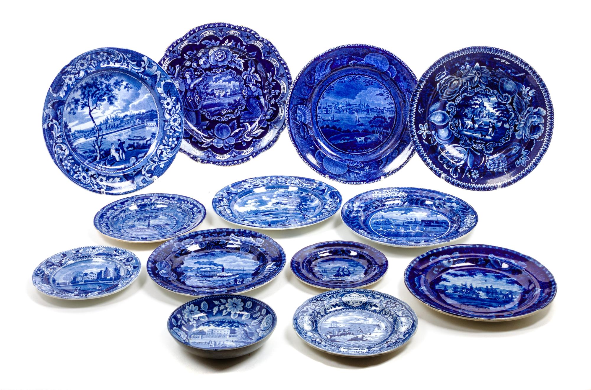 A Collection of Transfer Decorated Stoneware Articles Diameter of first 10 inches.