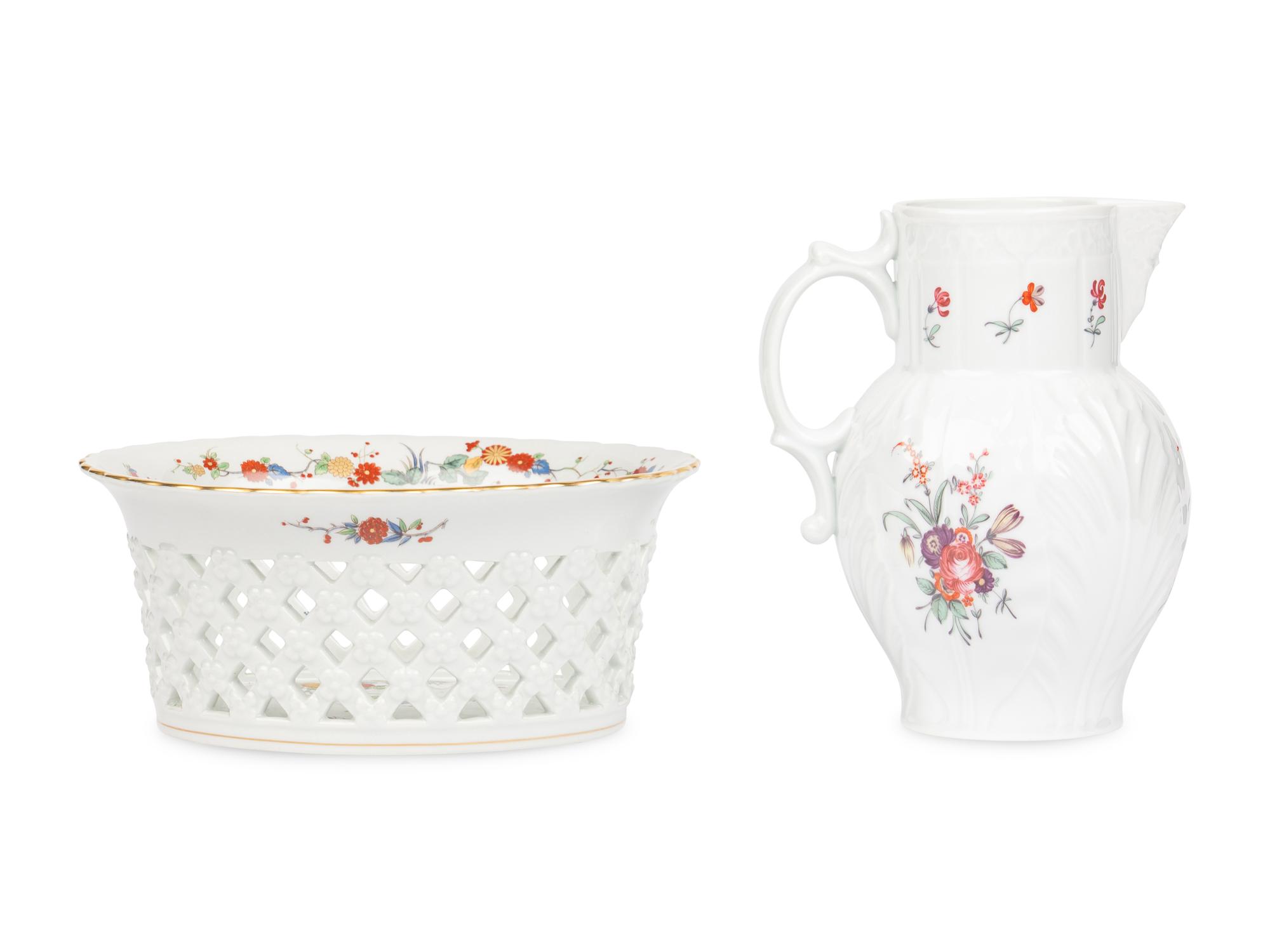 A Mottahedeh Porcelain Pitcher and Centerpiece Basket