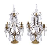 A Pair of French Brass and Glass Four-Light Candelabra