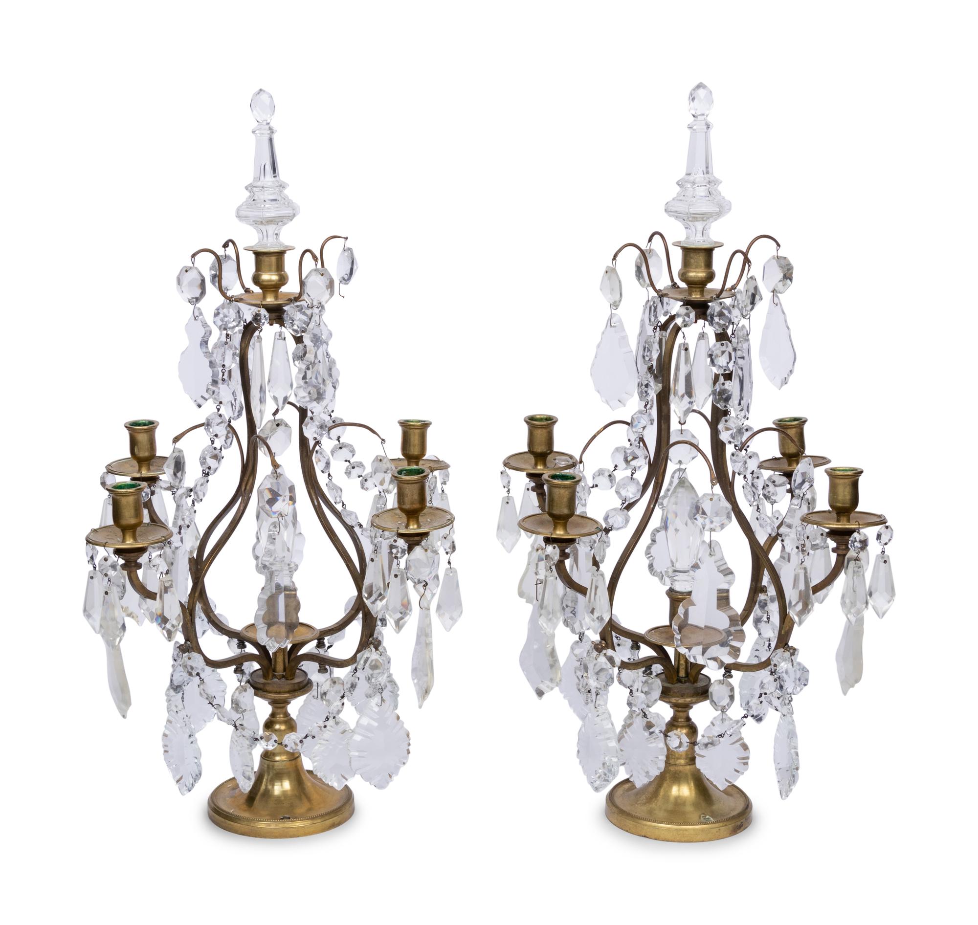 A Pair of French Brass and Glass Four-Light Candelabra
