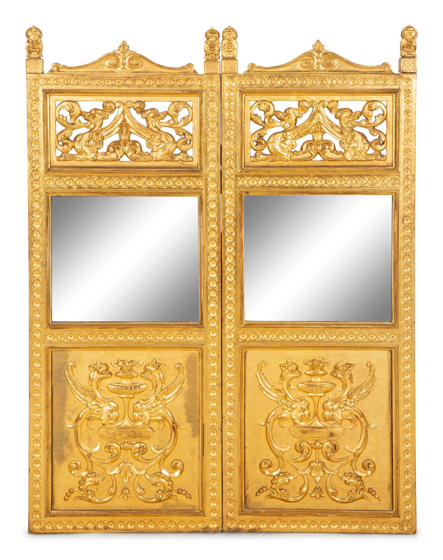 A Neoclassical Style Carved Giltwood Two-Panel Wall Hanging with Mirrored Inset Panels — 20th Century